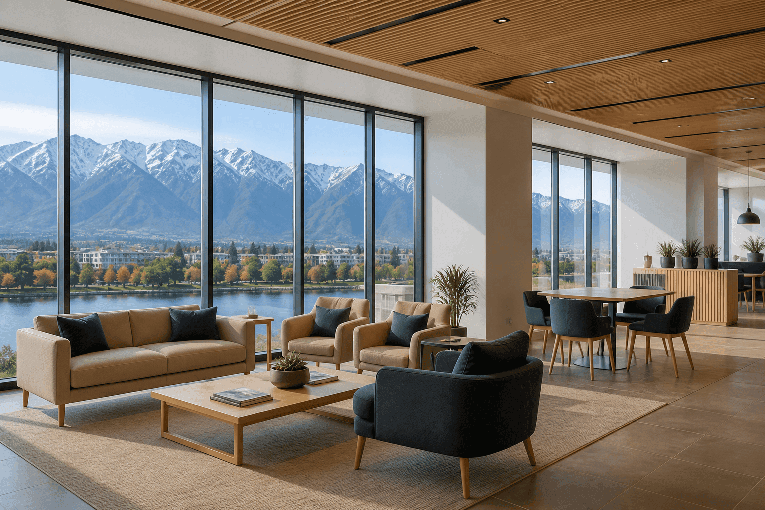 Contemporary New Zealand office overlooking mountains and a lake
