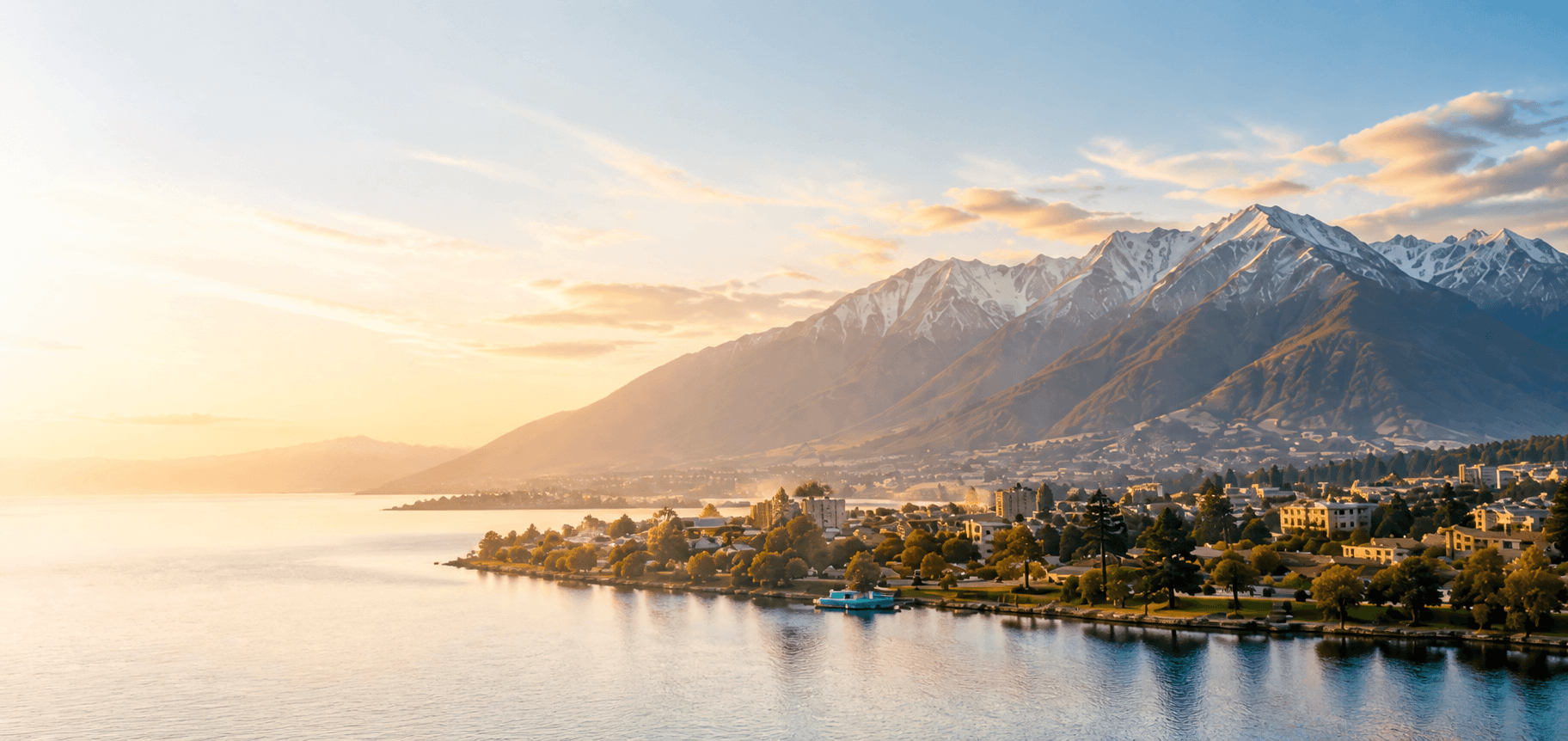 New Zealand alpine mountains overlooking a lakeside town
